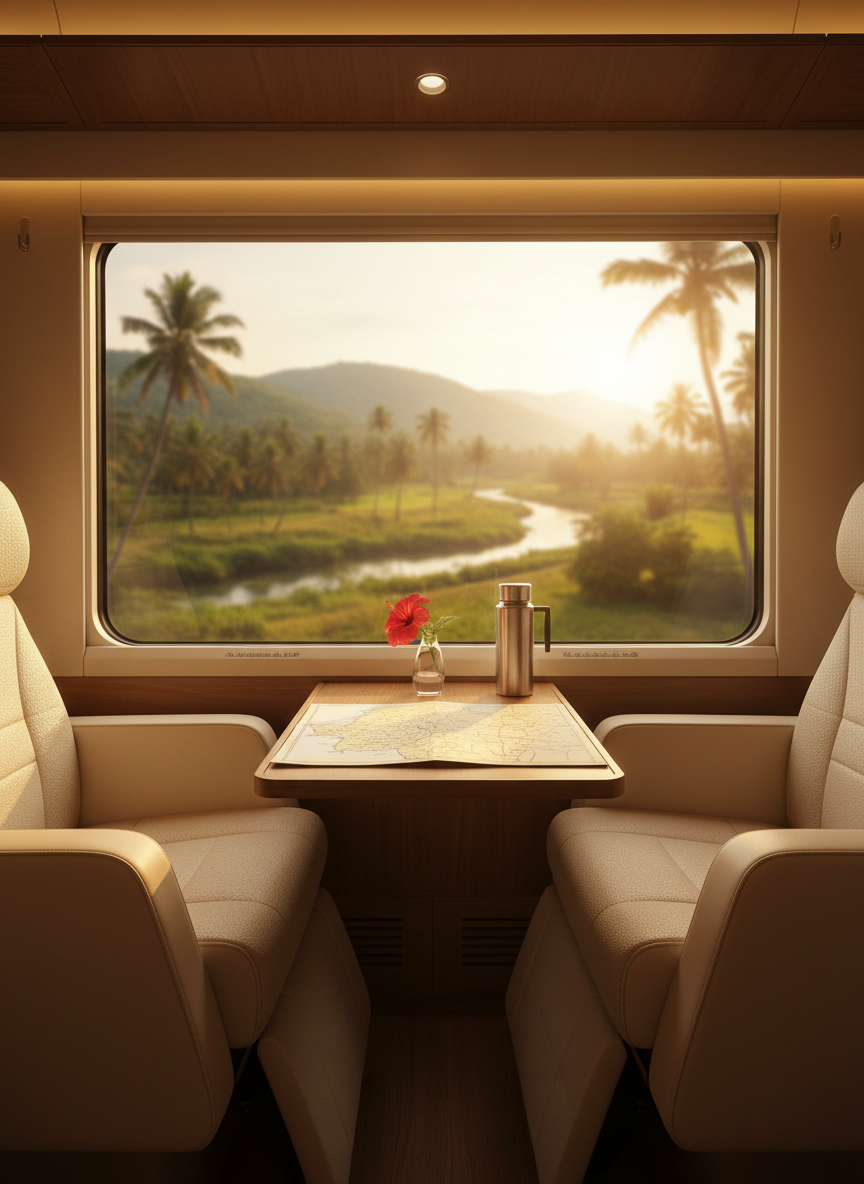 A luxurious, photographic interior of a premium train cabin tailored for long-distance Indian journeys, featuring a large panoramic window revealing blurred, sunlit South Indian countryside with palm trees and distant hills. Inside, two plush, neutral-toned reclining seats with fine stitching face a sleek wooden table holding a neatly folded regional map of India, a stainless-steel flask, and a small vase with a single tropical flower. Soft overhead lighting blends with natural daylight streaming through the window, creating a warm, inviting ambiance. Shot from a slightly elevated angle with moderate depth of field, the composition emphasizes comfort, order, and sophistication, reflecting expertly curated, stress-free travel tours.
