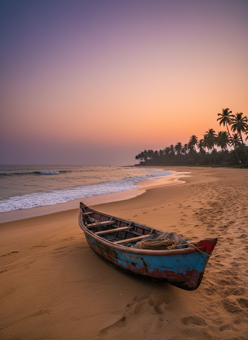 A twilight photographic scene of a tranquil tropical beach on India’s southwestern coast, with fine golden sand leading to gently lapping waves tinted with reflections of a purple and orange sky. A single traditional wooden fishing boat, carefully pulled ashore, rests diagonally in the foreground, its faded blue and red paint adding character. Farther back, a line of silhouetted coconut palms forms a graceful arc along the shoreline. Soft, fading natural light creates a calm, soothing atmosphere with long, gentle shadows. The composition uses the rule of thirds, with sharp detail in the boat and subtly blurred distant horizon, portraying peaceful coastal getaways curated by a professional travel partner.