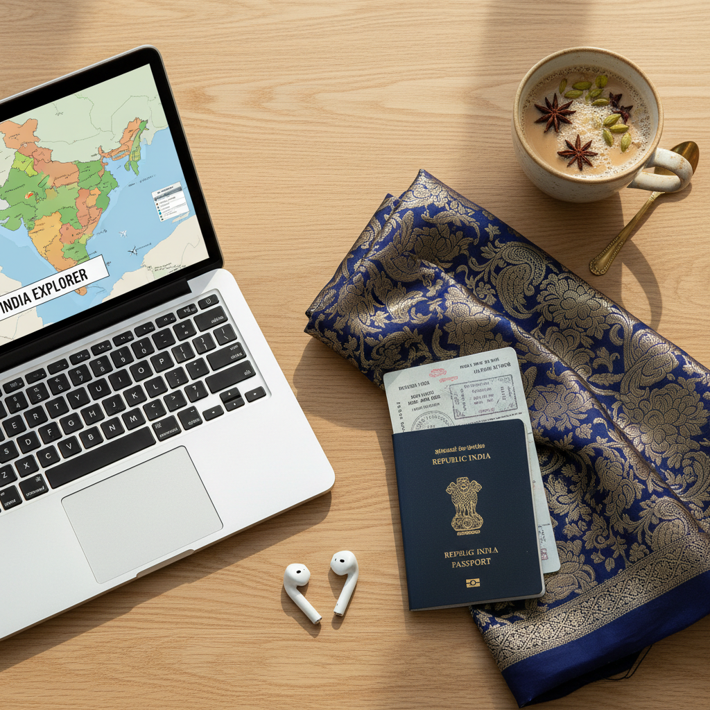 An overhead photographic view of a neatly arranged travel planning scene featuring a modern silver laptop displaying a stylized map of India on its screen, surrounded by a folded brocade fabric representing South Indian heritage, a glossy passport, and a pair of sleek wireless earbuds. The laptop sits on a light oak table with a subtle grain, beside a ceramic mug of chai with visible spices floating on the surface. Late afternoon natural light from a nearby window casts soft, even illumination, with gentle shadows adding depth. The composition follows the rule of thirds with sharp focus across the frame, creating a clean, modern, and organized mood that reflects professional, reliable travel planning for India and beyond.