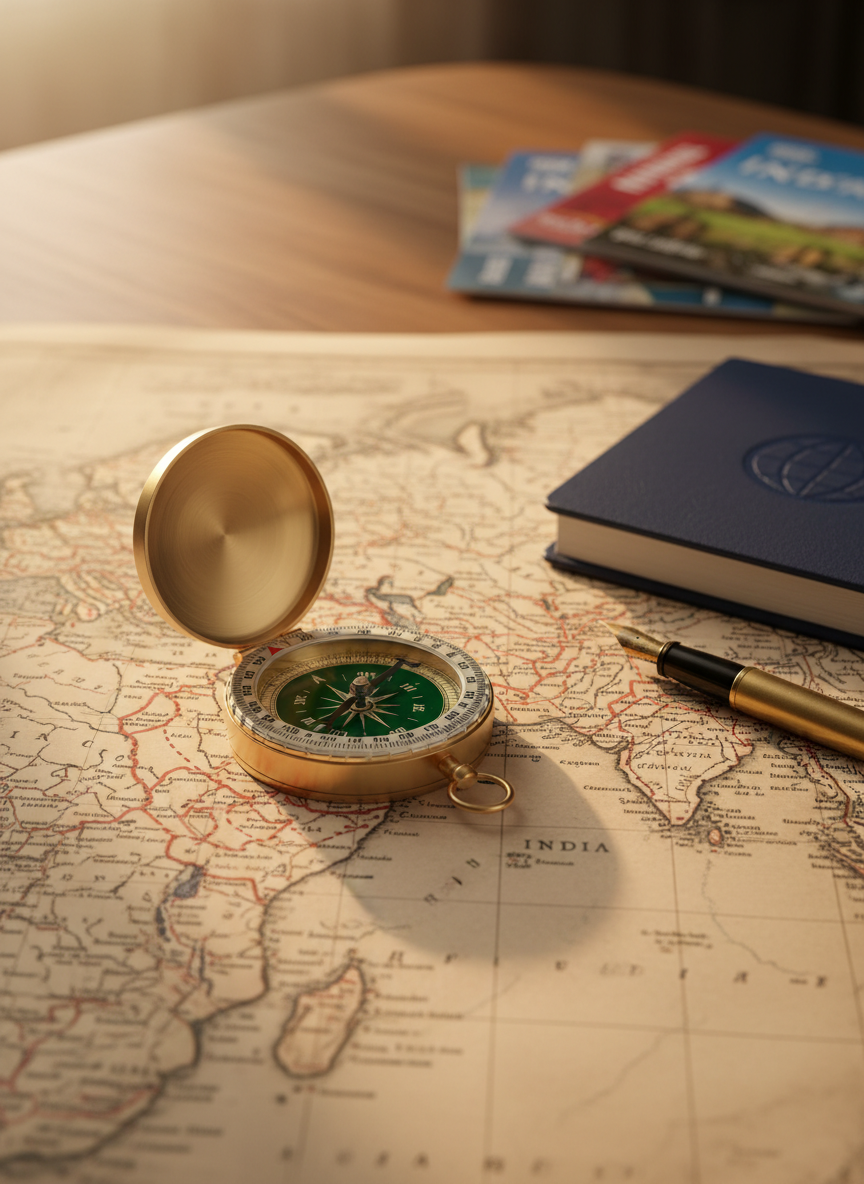 A polished brass compass with finely engraved degree markings and a deep green enamel face lies open on an antique leather-bound map of India, showing coastlines, rivers, and highlighted routes across South India. The map rests on a smooth teakwood desk beside a closed navy-blue travel journal embossed with a subtle globe icon. Soft morning sunlight streams from the left, creating gentle highlights on the compass rim and warm shadows along the map’s creases. Photographic realism, eye-level composition with a slight angle, sharp focus on the compass, and a softly blurred background of neatly stacked travel brochures create a professional, trustworthy atmosphere ideal for a premium travel tour homepage hero image.